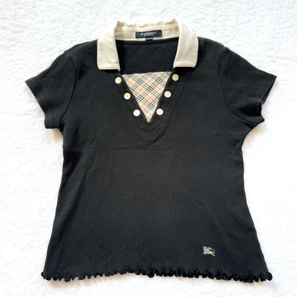 Burberry Big Girls Black nova check horse tops Size 8 Rib Plaid Collar V Neck